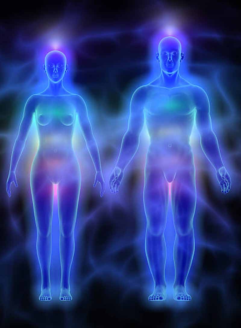 Smybolbild Aura-Chirurgie: Energiefelder um zwei skizzierte menschliche Körper.